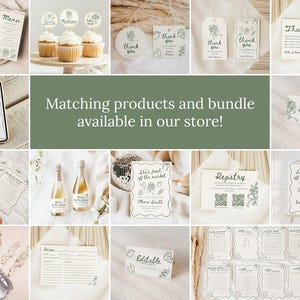 Op de afbeelding: Een verzameling briefpapierartikelen met een bloemenontwerp, waaronder menu's, labels en kaarten. De tekst "Matching products and bundle available in our store!" wordt weergegeven. De items zijn in een neutraal kleurenpalet.