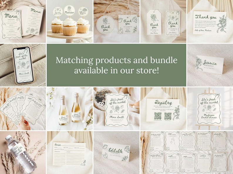 Op de afbeelding: Een verzameling briefpapierartikelen met een bloemenontwerp, waaronder menu's, labels en kaarten. De tekst "Matching products and bundle available in our store!" wordt weergegeven. De items zijn in een neutraal kleurenpalet.