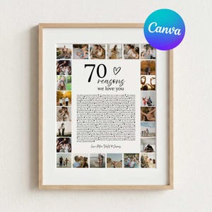 Könnte beinhalten: Ein gerahmter Fotocollagen-Druck mit dem Text 70 reasons we love you, einem Herzsymbol und siebzig nummerierten Textzeilen. Das Design enthält vierundzwanzig kleine rechteckige Fotos von Personen in verschiedenen Umgebungen, abgeschlossen mit den Namen Love Peter, Violet & James am unteren Rand.