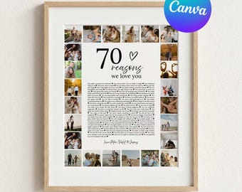 Poster „70 Gründe, warum wir dich lieben“, personalisierte Fotocollage zum 70. Geburtstag für Freundin, Mutter, Oma, Ehefrau, bearbeitbare Canva-Vorlage