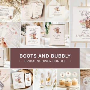 Paquete de despedida de soltera con botas y burbujas, temática vaquera del oeste, juegos rústicos de despedida de soltera vaquera, editable en Canva