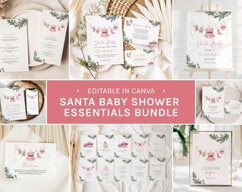 May include: A collection of baby shower stationery with a Santa theme. The bundle includes invitations, thank you cards, and signage, all featuring a pink and green color scheme with festive illustrations. The text "Santa Baby" is visible on several items.