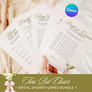 Può includere: Un pacchetto di giochi per l'addio al nubilato su carta bianca, tra cui "Consigli per la sposa", "Bingo nuziale" e "Sposa o sposo, indovina chi". I giochi presentano un'elegante scritta dorata e sono raggruppati con una grafica di bicchiere da martini.