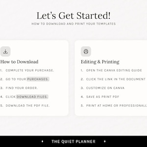 May include: A graphic with instructions on how to download and print templates. The text reads "Let's Get Started!" and includes steps for downloading and editing, with the logo "THE QUIET PLANNER" at the bottom.