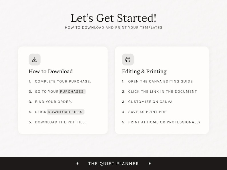 May include: A digital guide titled "Let's Get Started!" with instructions on downloading and printing templates. The guide includes steps for downloading and editing, with the text "How to Download" and "Editing & Printing". The Quiet Planner is also mentioned.