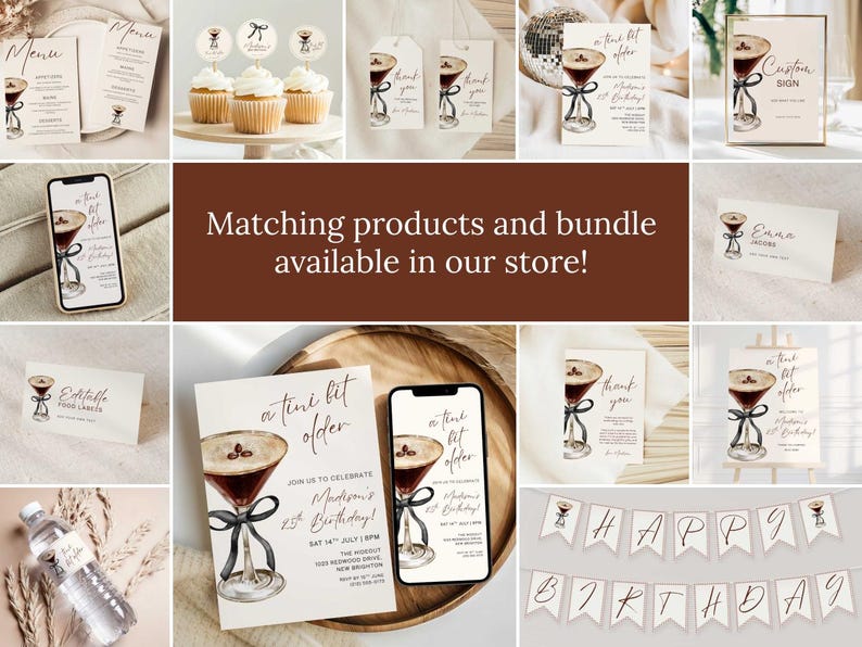 May include: A collection of party supplies with a cocktail theme. Items include menus, cupcake toppers, gift tags, invitations, phone mockups, editable food labels, thank you cards, custom signs, name cards, and a banner that says "Happy Birthday".