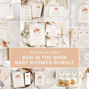 Op de afbeelding: Een verzameling baby shower briefpapier en decoraties met een kaneelbroodjesthema. Inclusief uitnodigingen, bedankkaarten, cupcake toppers en een kalender. De tekst "Bun in the Oven" staat op verschillende items. Het kleurenpalet is beige en bruin.