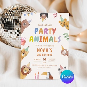 Puede incluir: Una colorida invitaci&oacute;n de fiesta con el texto "Calling All Party Animals" y los detalles del "2&ordm; Cumplea&ntilde;os de Noah". El dise&ntilde;o presenta animales de dibujos animados como un oso, un le&oacute;n, un tigre y un mono. La invitaci&oacute;n est&aacute; sobre un fondo suave y neutro.