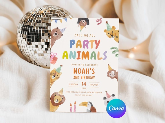 Calling All Party Animals Invitation, Party Animal Kids Birthday Invite, Cute Animals in Birthday Hats, Editable in Canva