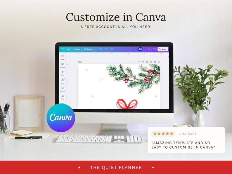 Pode incluir: Um monitor de computador exibe um modelo Canva com tema natalino. O design apresenta uma ilustra&ccedil;&atilde;o em aquarela de galhos de pinheiro, bagas vermelhas e um la&ccedil;o. O texto "Customize in Canva" &eacute; vis&iacute;vel. Uma teclado, um bloco de notas e uma planta tamb&eacute;m est&atilde;o presentes.