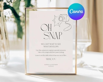 Oh Snap Wedding Photos Disposable Camera Sign Template, Custom Minimalist Can’t Wait to See What Develops, Instax Camera Sign Editable Canva