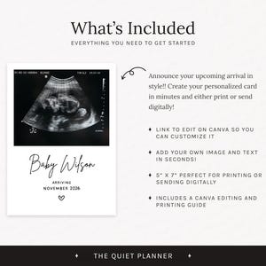 May include: A white card with a sonogram image, the text "Baby Wilson ARRIVING NOVEMBER 2026", and a heart symbol. The card is part of a pregnancy announcement set, including a Canva editing guide.