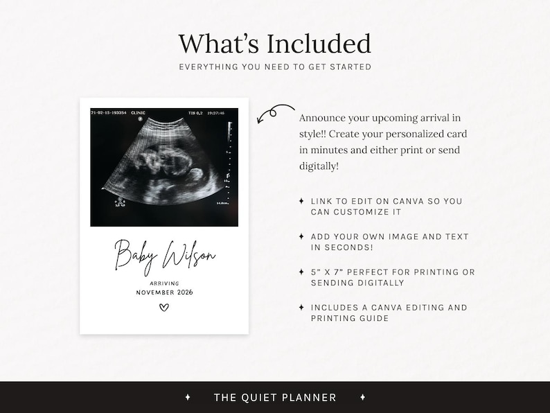 May include: A white card with a sonogram image, the text "Baby Wilson ARRIVING NOVEMBER 2026", and a heart symbol. The card is part of a pregnancy announcement set, including a Canva editing guide.