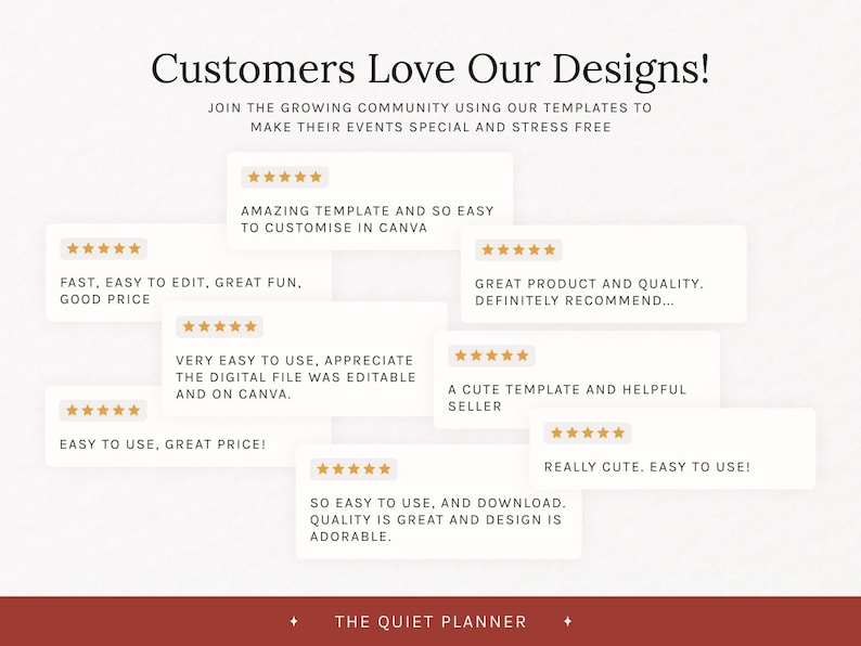 May include: Image featuring customer reviews for digital templates. Text includes phrases like "Customers Love Our Designs!" and "Amazing template and so easy to customize in Canva." The Quiet Planner logo is at the bottom.