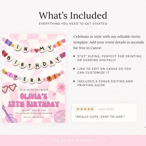 May include: Pink and white birthday invitation template with the text "In My Birthday Vera" and "Olivia's 12th Birthday". Includes a guitar and disco ball graphic. The invitation is 5"x7" and editable in Canva.