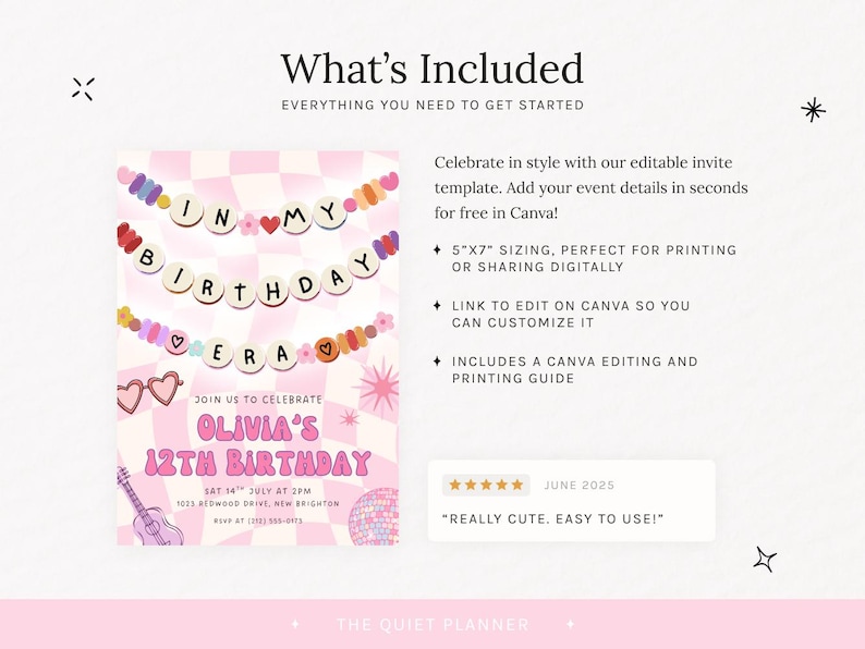 May include: Pink and white birthday invitation template with the text "In My Birthday Vera" and "Olivia's 12th Birthday". Includes a guitar and disco ball graphic. The invitation is 5"x7" and editable in Canva.