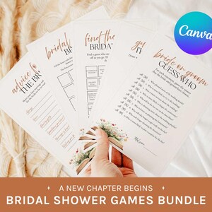 May include: A bundle of bridal shower games on white paper with elegant calligraphy. The games include "Advice for the Bride," "Find the Bride," and "Bride or Groom Guess Who." The text "A New Chapter Begins" and "Bridal Shower Games Bundle" are also visible.
