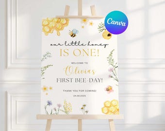 First Bee Day 1st Birthday Welcome Sign, Editable Bee Themed Entrance Sign, Edit in Canva
