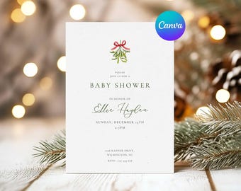May include: A white baby shower invitation featuring a mistletoe illustration with a red bow. The text announces a baby shower, the honoree's name, date, time, and location. A Canva logo is in the upper right corner.
