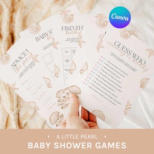 Może przedstawiać: Karty do gier na baby shower z ilustracjami muszli i rozgwiazd. Karty zawierają gry takie jak "Rady dla rodziców" i "Zgadnij, kto to mama lub tata?". Projekt jest w neutralnych tonacjach.