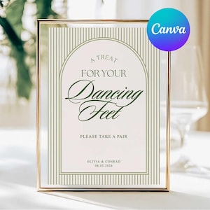Puede incluir: Un letrero rectangular en un marco dorado con el texto "A Treat For Your Dancing Feet" en una fuente decorativa. El letrero tiene un fondo a rayas verdes y blancas. La fecha "04.05.2026" está en la parte inferior.