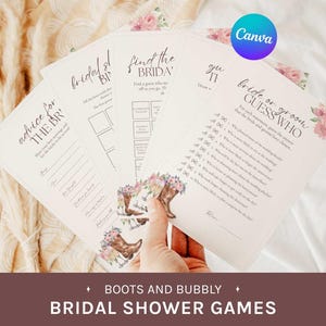 Può includere: Una collezione di giochi per l'addio al nubilato con illustrazioni floreali e di stivali da cowboy. I giochi includono "Advice for the Bride", "Bridal Bingo", "Find the Bride" e "Bride or Groom Guess Who". È presente anche il testo "Boots and Bubbly" e "Bridal Shower Games".