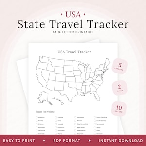 Suivi de voyage imprimable des États-Unis, carte des 50 États à colorier, liste de contrôle de voyage des États-Unis, carte des États-Unis, téléchargement numérique instantané, tailles A4 et lettre