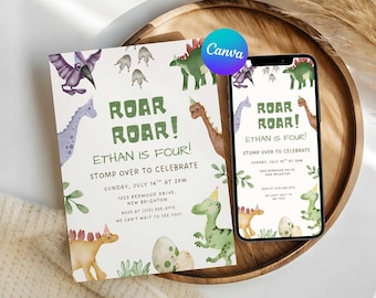 Dinosaur 4th Birthday Invitation Printable, Roar Roar Fourth Birthday Invite Template, Editable Canva Template