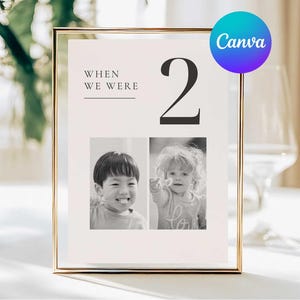May include: A framed table number with the text "WHEN WE WERE" above the number "2". Two black and white photos of children are below the text. The frame is gold, and the Canva logo is in the upper right corner.