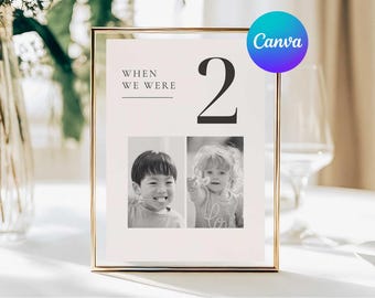 When We Were Age Photo Table Number Cards, Editable Wedding Table Number Signs, Printable Canva Template, 5x7 and 4x6