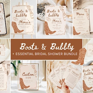 Puede incluir: Un conjunto de artículos de papelería con un tema rústico, con el texto "Boots & Bubbly" y una ilustración de bota de vaquero. Incluye invitaciones, menús y juegos para una despedida de soltera. La paleta de colores es marrón cálido y crema.