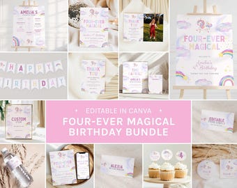 Four Ever Magical Unicorn Birthday Template Bundle, Magical Stardust Unicorn Kids Party Decoration Bundle, Editable in Canva
