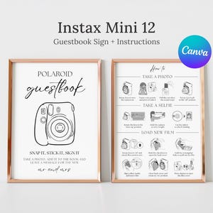Panneau Instax pour livre d'or Polaroid, Panneau d'instructions pour Instax Mini 12, Instructions pour le livre d'or photo, Panneau comment charger un nouveau film, Comment prendre une photo