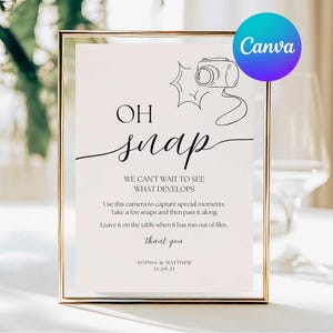 Puede incluir: Un letrero enmarcado en dorado con la frase "OH snap" en escritura cursiva, y texto sobre capturar momentos especiales con una cámara. El logotipo de Canva está en la esquina superior derecha.