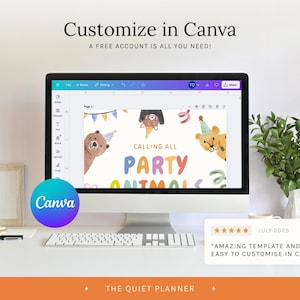 Puede incluir: Un monitor de computadora muestra una plantilla de Canva con un tema de animales de fiesta coloridos. El texto "Customize in Canva" y "A FREE ACCOUNT IS ALL YOU NEED!" son visibles. Un teclado, un bloc de notas y una planta est&aacute;n en el escritorio.