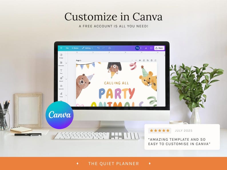 Puede incluir: Un monitor de computadora muestra una plantilla de Canva con un tema de animales de fiesta coloridos. El texto "Customize in Canva" y "A FREE ACCOUNT IS ALL YOU NEED!" son visibles. Un teclado, un bloc de notas y una planta est&aacute;n en el escritorio.
