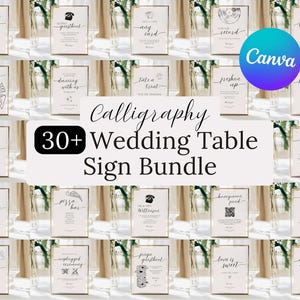 May include: A collection of wedding table signs with gold frames, featuring calligraphy text. The signs include phrases like "Cards & Gifts," "Guestbook," and "Love Stories." The image also includes the text "30+ Wedding Table Sign Bundle."