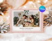 Striped Landscape Holiday Family Photo Card Template, Printable Merry Christmas Picture Card, Editable in Canva