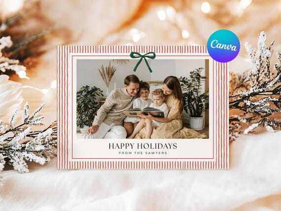 Striped Landscape Holiday Family Photo Card Template, Printable Merry Christmas Picture Card, Editable in Canva