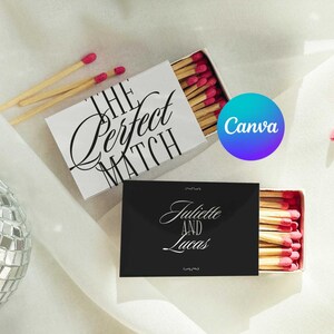 Modèle de boîte d'allumettes de mariage modifiable, étiquette de cadeau personnalisée pour boîte d'allumettes, personnalisable dans Canva