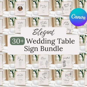 May include: A collection of elegant wedding table signs with gold frames. The signs feature various phrases and graphics, including "love is sweet," "photo booth," and "pizza bar." The bundle includes over 30 signs, perfect for wedding decor.