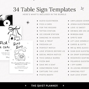 May include: Black and white wedding table sign templates with various designs. Includes signs for guestbooks, photo booths, and other wedding activities. The text includes phrases like "Pick a card" and "Ring Ring".