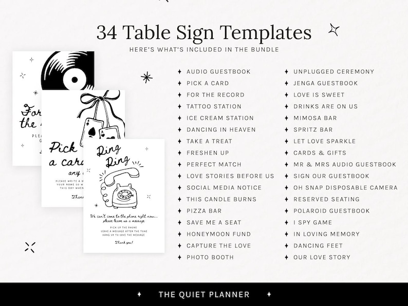 May include: Black and white wedding table sign templates with various designs. Includes signs for guestbooks, photo booths, and other wedding activities. The text includes phrases like "Pick a card" and "Ring Ring".