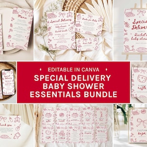 Puede incluir: Un conjunto de elementos esenciales para baby shower, incluyendo invitaciones, menús y letreros, con un diseño ilustrado en rojo y blanco. El texto "Special Delivery Baby Shower Essentials Bundle" es visible.