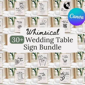 May include: A collection of whimsical wedding table signs with various designs and text, including "Pick a card," "Take a treat," and "Pizza bar." The signs are in gold frames, with a Canva logo in the top right corner. The text "30+ Wedding Table Sign Bundle" is also visible.