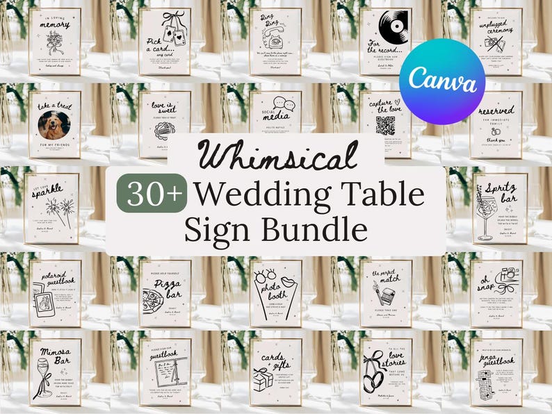 May include: A collection of whimsical wedding table signs with various designs and text, including "Pick a card," "Take a treat," and "Pizza bar." The signs are in gold frames, with a Canva logo in the top right corner. The text "30+ Wedding Table Sign Bundle" is also visible.