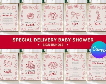 May include: A set of baby shower signs in gold frames, with red and white illustrations and text. The signs include phrases such as "Late Night Diapers" and "Babies are Sweet". The bundle is titled "Special Delivery Baby Shower Sign Bundle".