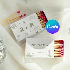 May include: Two white matchboxes with pink-tipped matches, featuring gold-colored line art illustrations of party icons, the text R + M, and The Old Barn Rustington North Shore 26.05.2027, accompanied by a silver disco ball and loose matches.