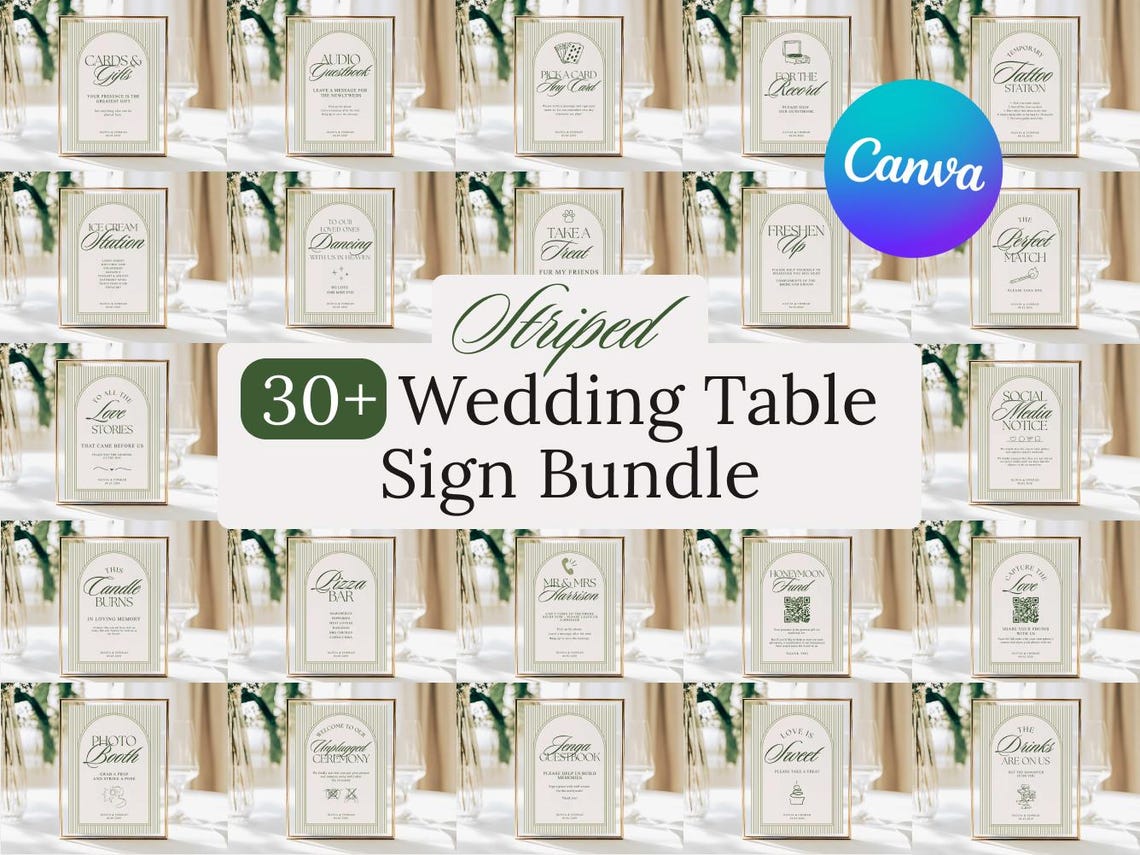 Table Signs Editable Green Striped Wedding Table Sign Bundle, Editable Retro Vintage Wedding ...