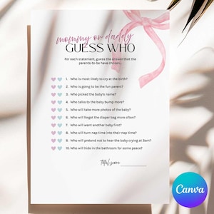 Juego de baby shower "Adivina quién es mamá o papá", juego rosa para mamá o papá, juego de baby shower para futuros padres, Adivina quién es, edita en Canva